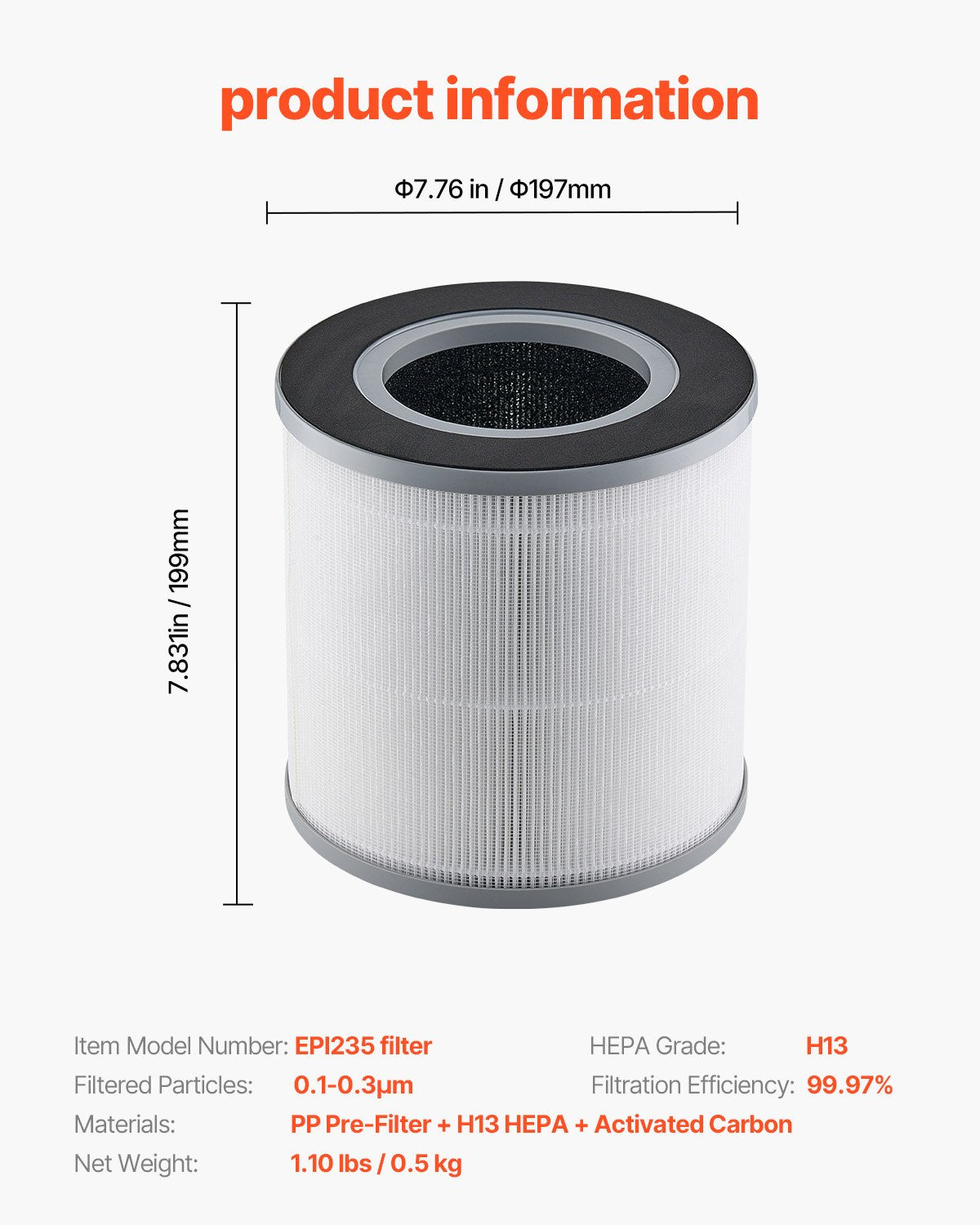 Air Purifier Replacement Filter, H13, 3-in-1 Compact & Lightweight Replacement Filter with PP Pre-Filter, Easy-to-Grab Purifier Filter with Activated Carbon, Fit for Cylindrical Purifier