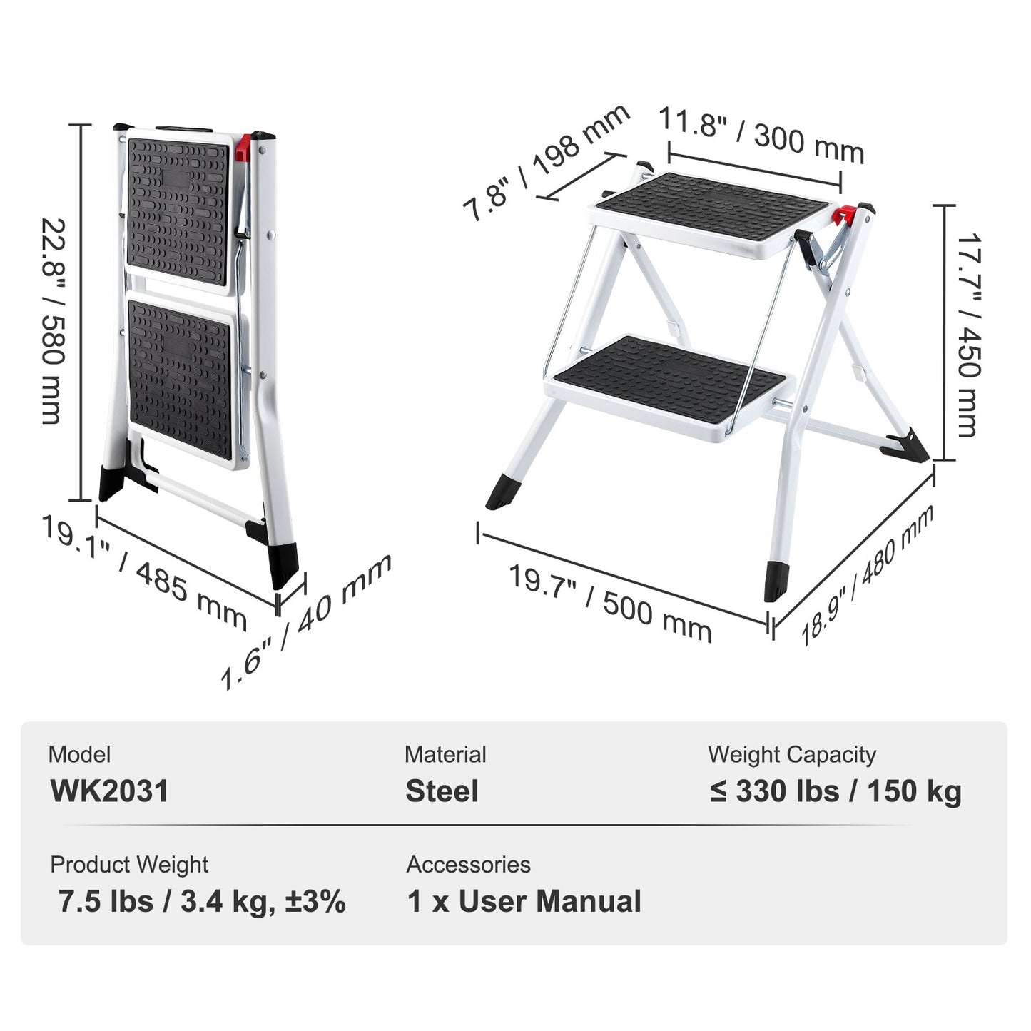 Step Ladder 2-Step 330lbs Capacity, Ergonomic Folding Steel Step Stool with Wide Anti-Slip Pedal, Sturdy Step Stool for Adults Toddlers, Multi-Use for Household, Kitchen, Office, RVs