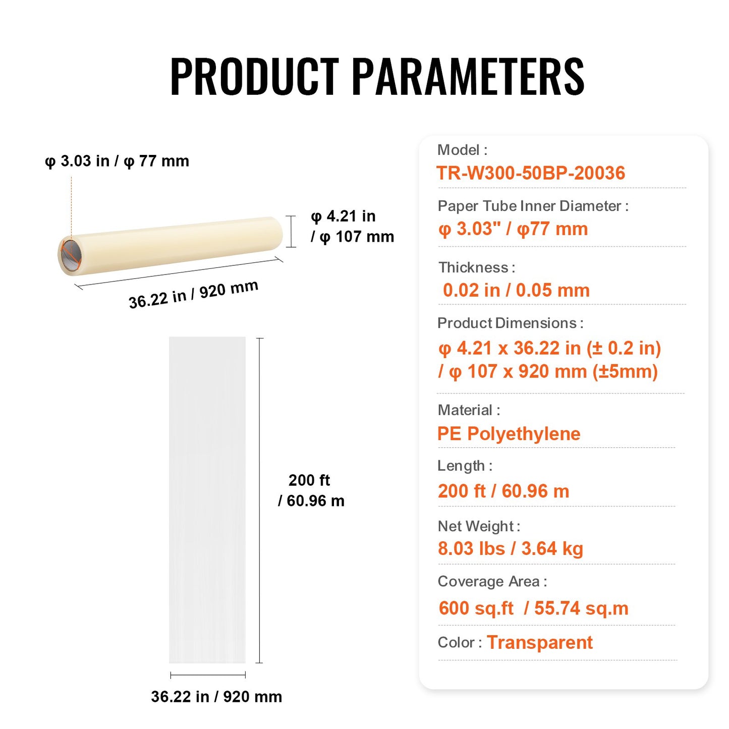 Carpet Protection Film, 36" x 200' Floor and Surface Shield with Self Adhesive Backing & Easy Installation, Polyethylene Adhesive Car Mat Protector Roll for Construction & Renovation