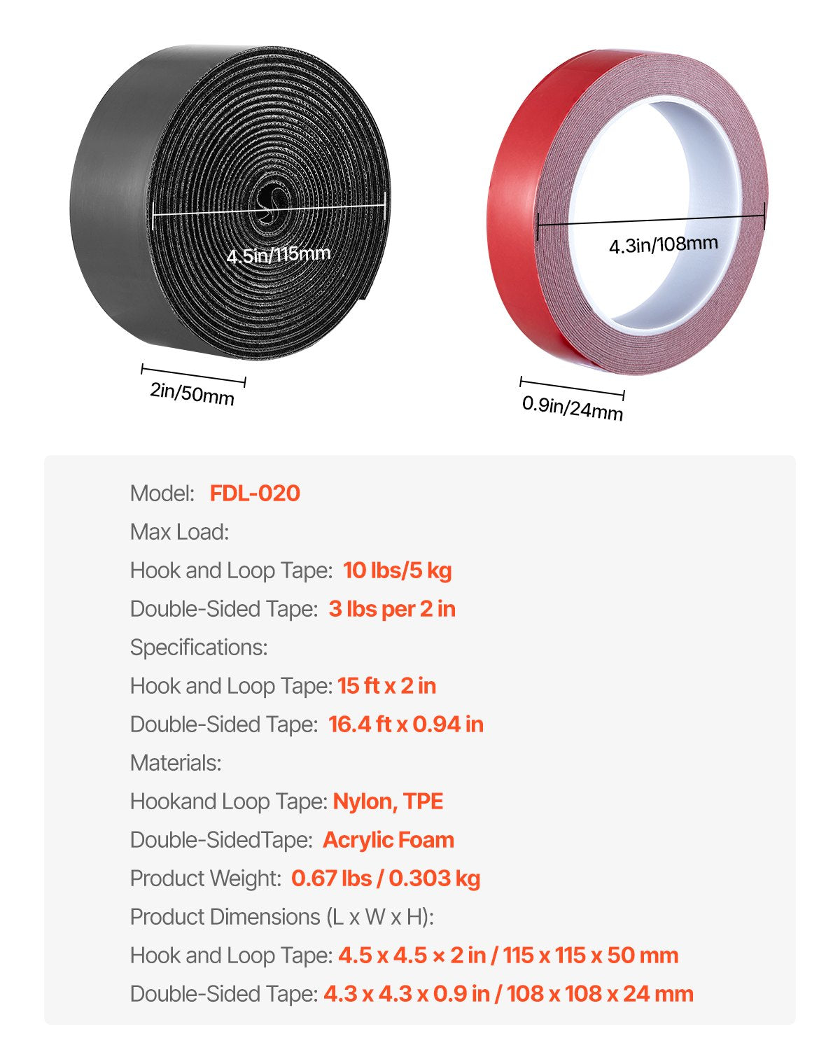 15 ft x 2 in Hook Loop Tape and 16.4 ft x 0.94 in Double-Side Strips, Nylon Self Adhesive Heavy Duty Strips Roll, Sticky Back Fastener Rolls for Home Office School and Crafting, Black + Red
