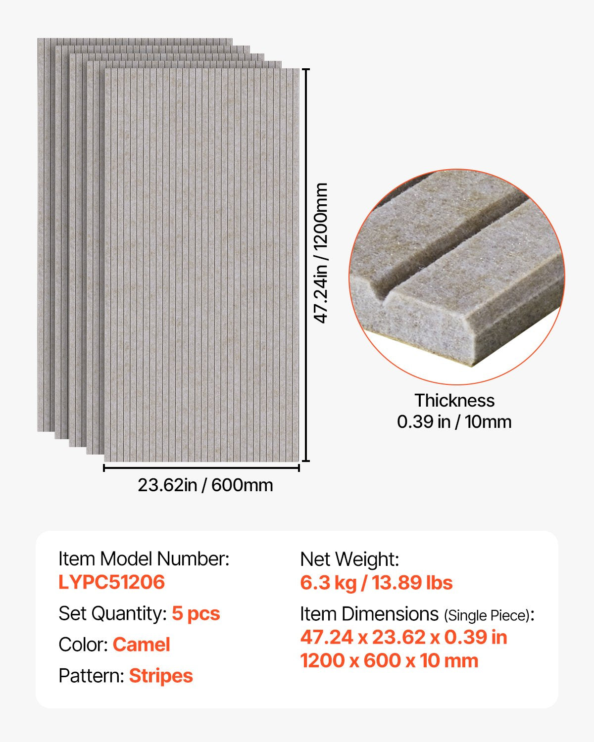 5 Pack Acoustic Panels with Self Adhesive, 47.2 x 23.6 x 0.4 inch Sound Proof Foam Panels, Polyester Fiber Soundproof Wall Panels High Density, for Home, Studio, Office, Theater, Camel