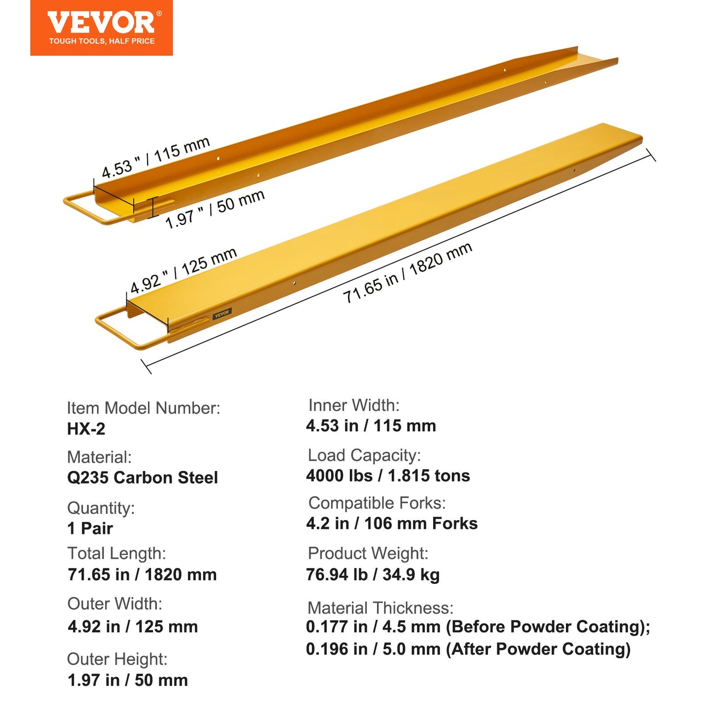 Pallet Fork Extensions, 72" Length 4.5" Width, Heavy Duty Carbon Steel Fork Extensions for Forklifts, 1 Pair Forklift Extensions, Industrial Forklift Fork Attachments for Forklift Truck, Yellow