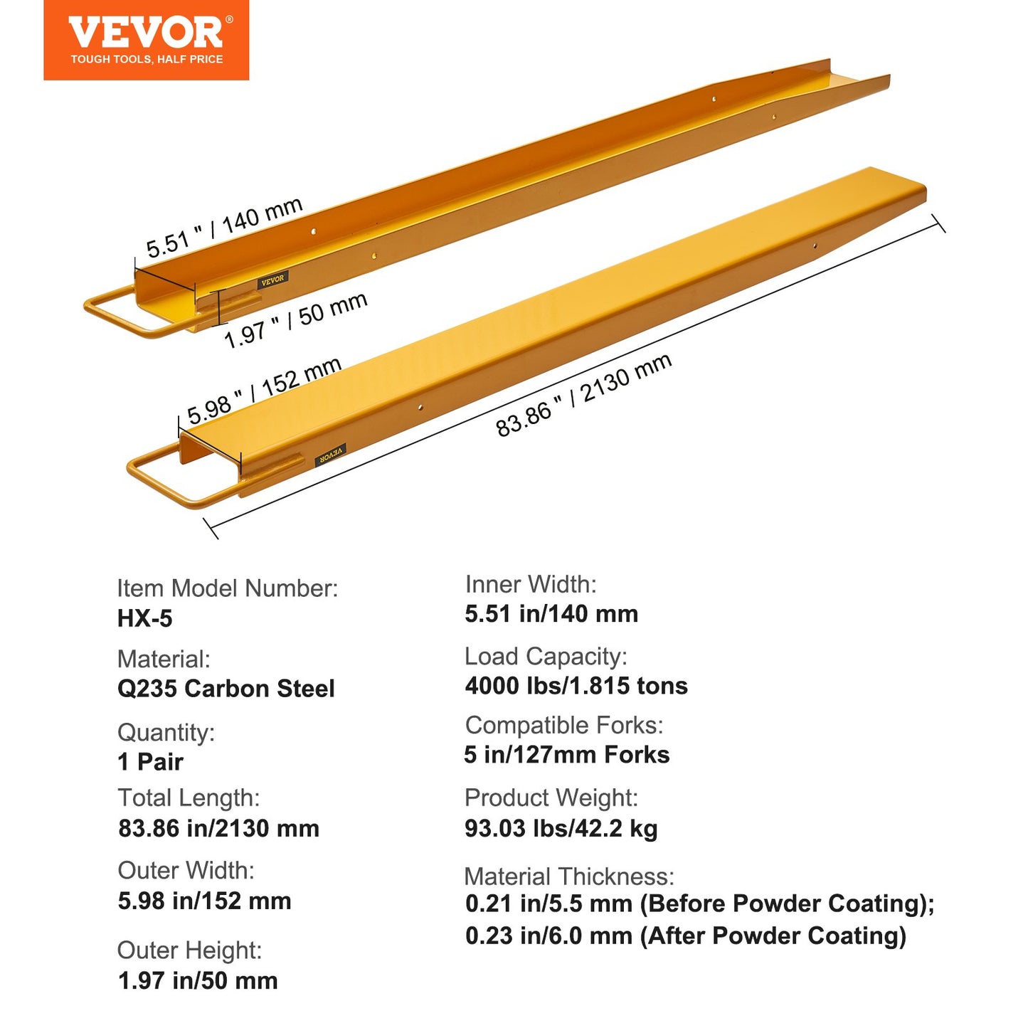 Pallet Fork Extensions, 84" Length 5.5" Width, Heavy Duty Carbon Steel Fork Extensions for Forklifts, 1 Pair Forklift Extensions, Industrial Forklift Fork Attachments for Forklift Truck, Yellow