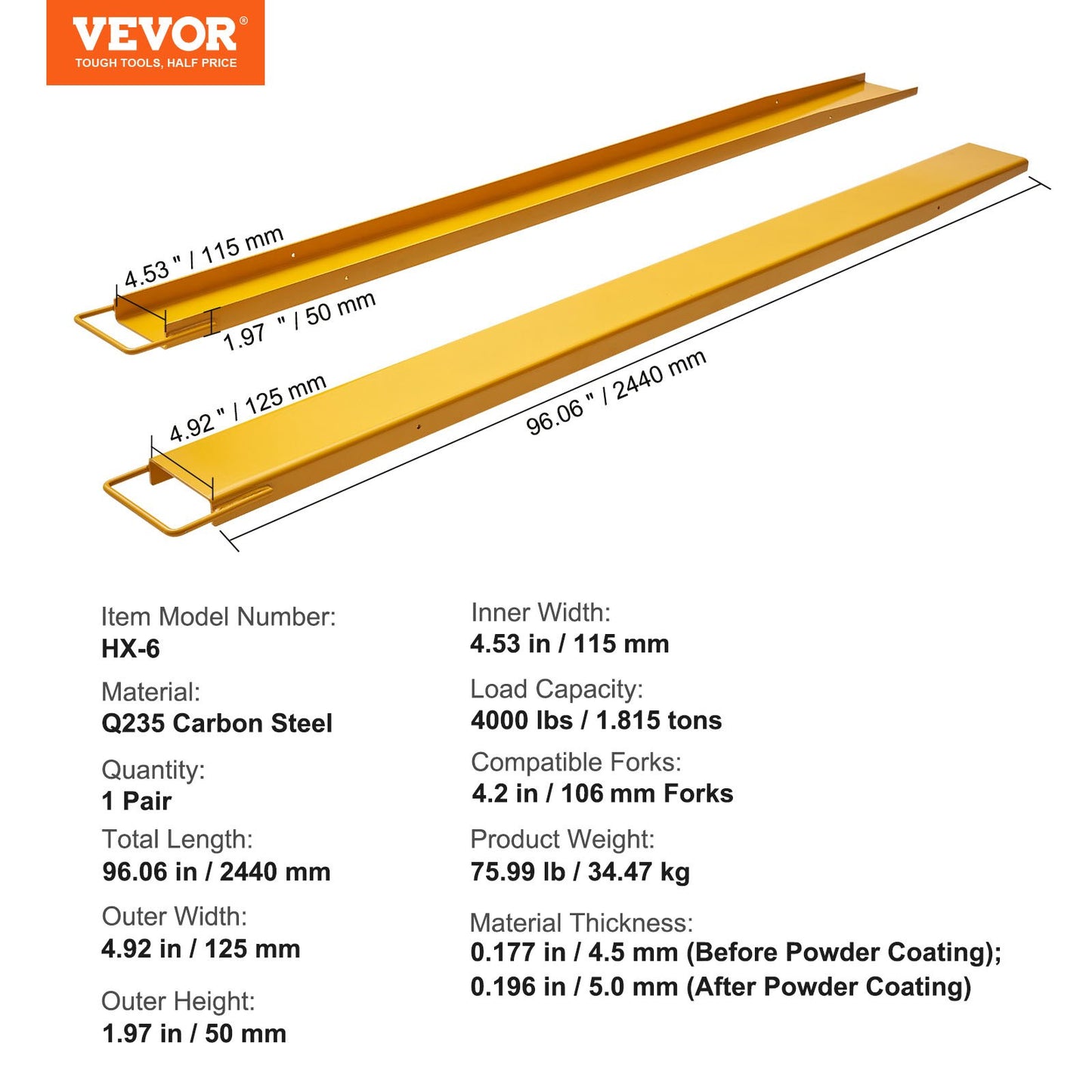 Pallet Fork Extensions, 96" Length 4.5" Width, Heavy Duty Carbon Steel Fork Extensions for Forklifts, 1 Pair Forklift Extensions, Industrial Forklift Fork Attachments for Forklift Truck, Yellow