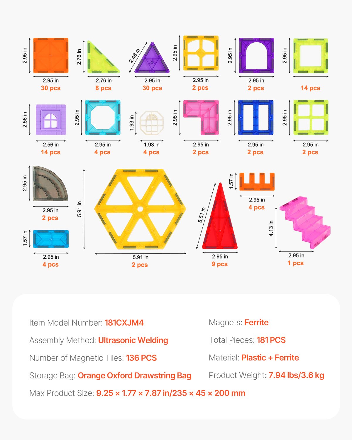 Magnetic Tiles, 181 PCS Magnetic Building Blocks for Kids, Magnet Building Set with Car Bases/Ferris Wheel/Letter & Digital Cards, STEM Construction Stacking Toys for Toddlers Boys Girls Aged 5+