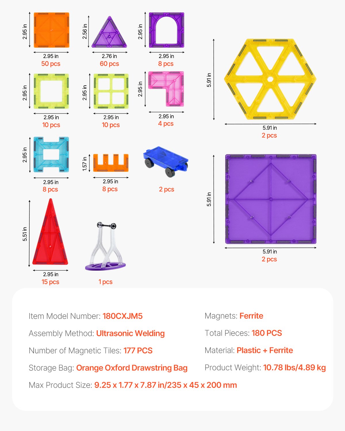 Magnetic Tiles, 180 PCS Magnetic Building Blocks for Kids, Magnet Building Set with 2 Car Bases & Ferris Wheel Stand, STEM Educational Construction Stacking Toys for Toddlers Boys Girls Aged 5+