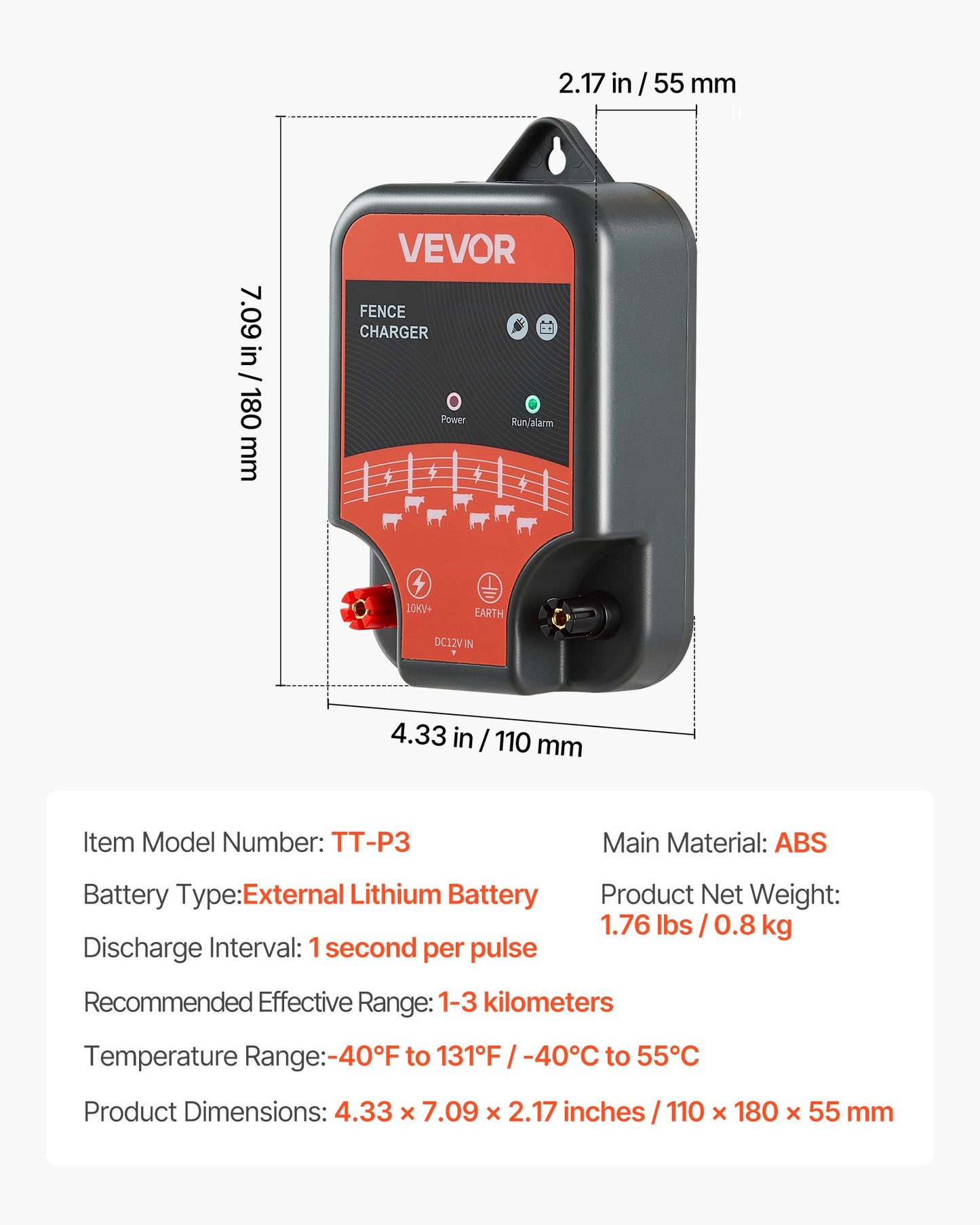 Electric Fence Charger, 10kV 2J, AC DC Electric Fence Energizer with LED Indicator, 1.86 Miles Range, Powerful Plug-in Fences Charger, Prevents Wild Animals Intrusion for Livestock Poultry