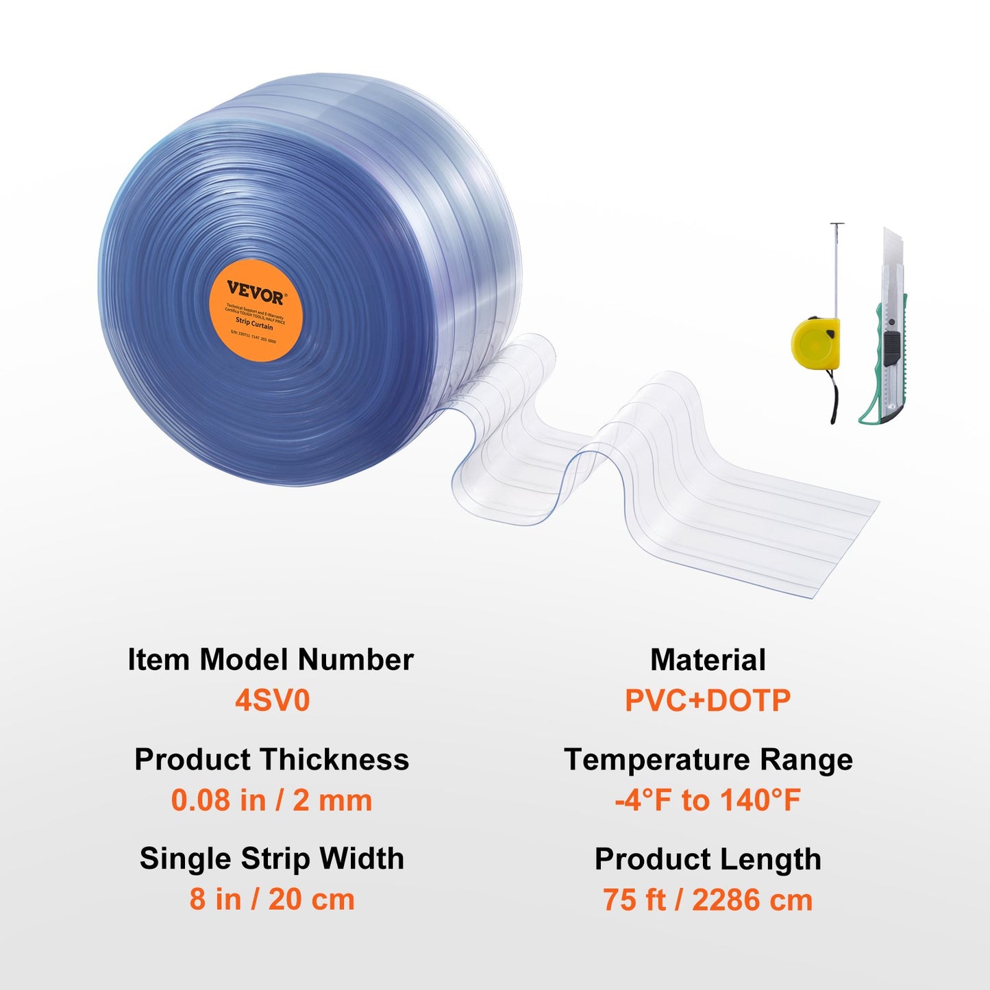 Strip Curtain, 75' Length, 8" Width, 0.08" Thickness, Clear Ribbed Plastic Door Strips, PVC Curtain Strip Door Bulk Roll for Warehouses, Factories, Supermarkets, Shopping Malls, Halls, Garages