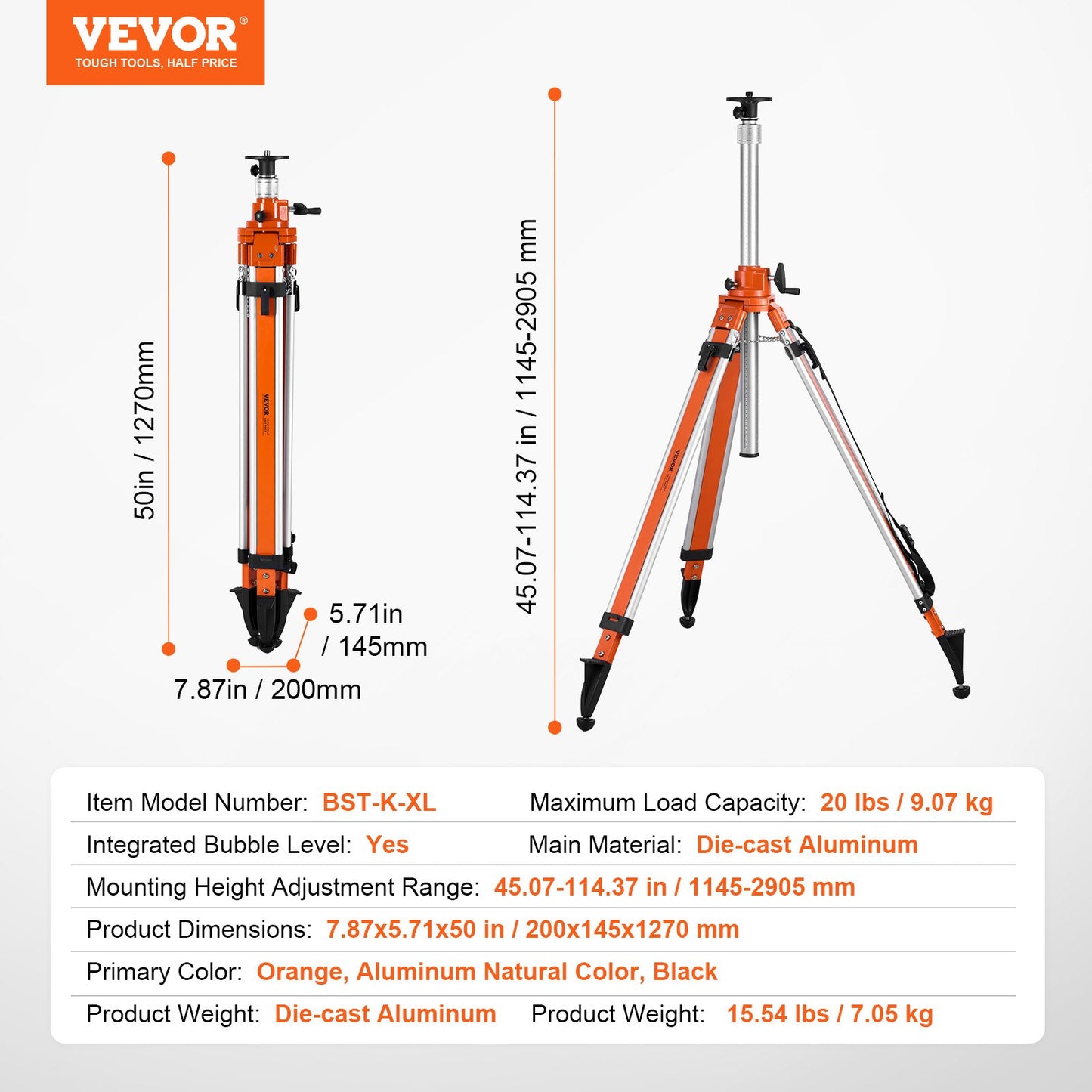 Laser Level Tripod Stand, 5/8"-11 Thread Mount, 45.07-114.37 inch Height Adjustment Heavy Duty Survey Tripod, with Level Bubble & Diffusion Limiter , Liftable Non-Skid Feet for Construction