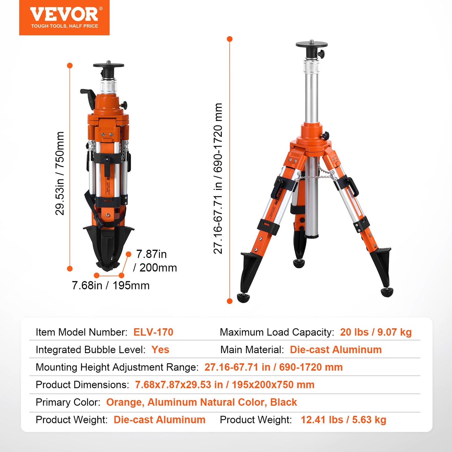 Laser Level Tripod Stand, 5/8"-11 Thread Mount, 27.16-67.71 inch Height Adjustment Heavy Duty Survey Tripod, with Level Bubble & Diffusion Limiter , Liftable Non-Skid Feet for Construction