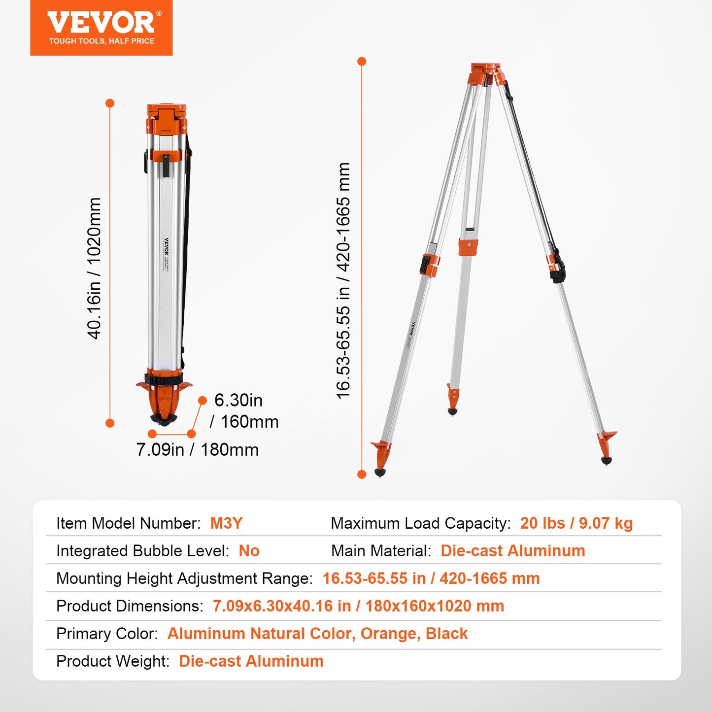 Laser Level Tripod Stand, 5/8"-11 Thread Mount, 16.53-65.55 inch Height Adjustment Heavy Duty Survey Tripod for Construction Laser Level Scanner, Retractable Legs Non-Skid Feet Professional