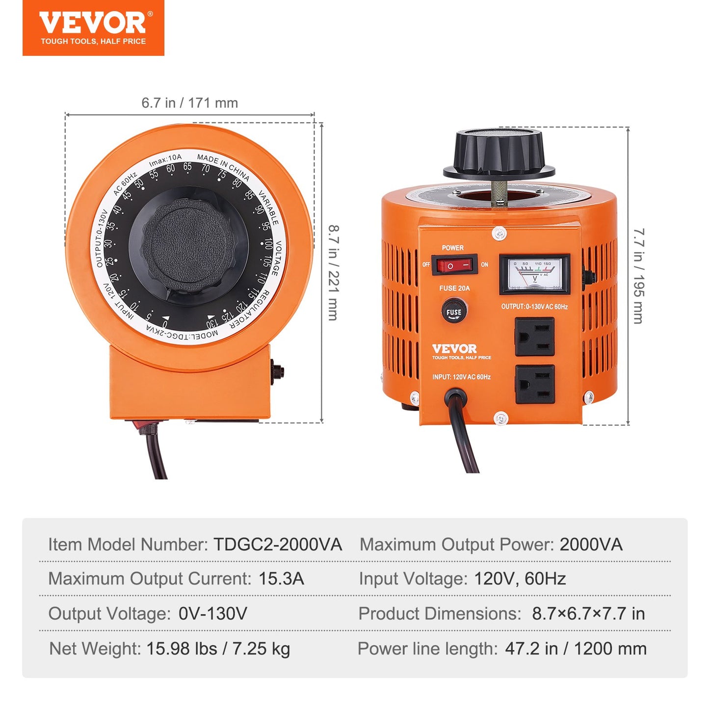 2000VA Auto Variable Voltage Transformer, 15.3 Amp, 110V Input 0-130V Output AC Voltage Regulator Power Supply, with 4 Extra Fuses Thermal Control Switch for Home Industrial Office