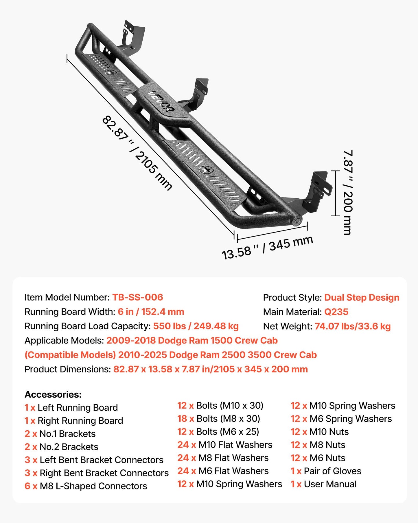 Running Boards, 6 Inches Side Steps Compatible with 2009-2018 Dodge Ram 1500 Crew Cab, 2010-2025 Dodge Ram 2500 3500 Crew Cab(Not Fit 2019-2025 Ram 1500 New Body), Wide Non-Slip Black Carbon Steel Nerf Bars, 550 lbs Load Capacity