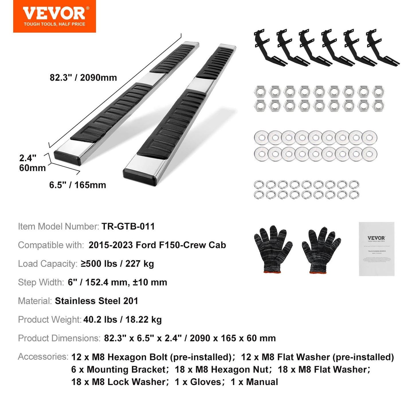 Running Boards, 6" Step Bars Compatible with 2015-2023 Ford F150-Crew Cab/2017-2023 Ford F-250 F-350 Super Duty Crew Cab, 201 Stainless Steel Side Steps Nerf Bars, 500LBS Capacity, 2 Piece