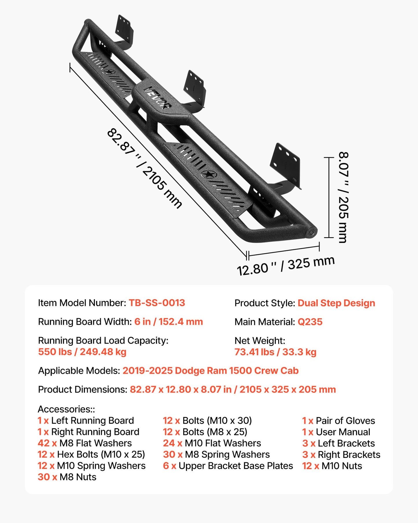 Running Boards, 6 Inches Side Steps Compatible with 2019-2025 Dodge Ram 1500 Crew Cab(Not Fit 2019-2025 1500 Classic), Black Carbon Steel Nerf Bars, 550 lbs Load Capacity, Wide Non-Slip Hollow Surface with Rustproof Coating