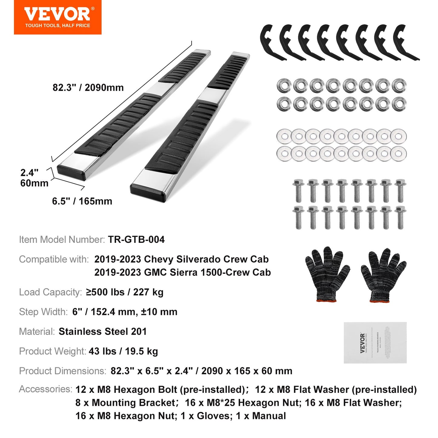 Running Boards, 6" Step Bars Compatible with 2019-2023 Chevy Silverado/GMC Sierra 1500/2020-2024 Silverado/Sierra 2500/3500HD Crew Cab, 201 Stainless Steel Side Steps Nerf Bars, 500LBS, 2 Piece