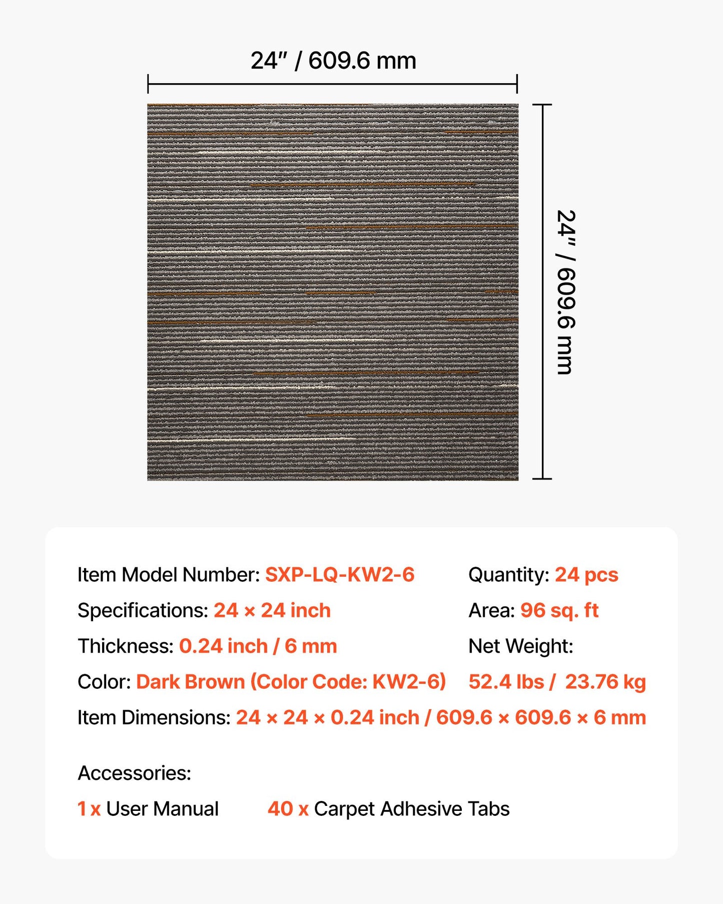 Carpet Tiles Reusable 24x24 inch, 24 PCS Modular Carpet Square Rug, Commercial Floor Soft Padded for Seamless Cover 96sq.ft, Easy DIY for Living Room Bedroom Office Indoor,Dark Brown