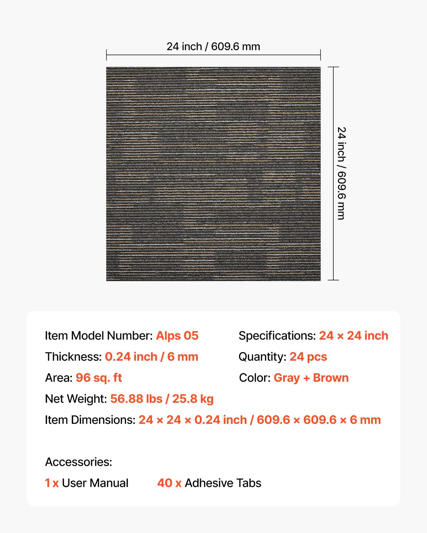 Carpet Tiles Reusable 24x24 inch, 24 PCS Modular Carpet Square Rug, Commercial Floor Soft Padded for Seamless Cover 96sq.ft², Easy DIY for Living Room Bedroom Office Indoor,Gray & Brown