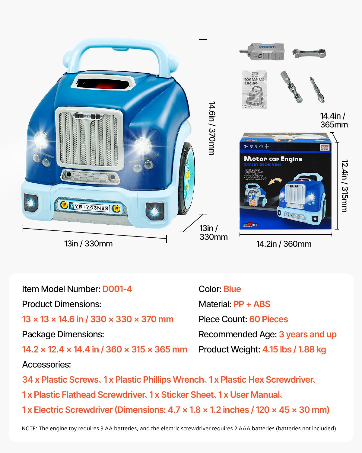 Engine Toy, 60 Pieces, Kids Mechanic Car Repair Set with Removable Parts, Lights and Sounds, Steering Wheel and Horn, Kids Mechanic Workshop Set for Toddler Ages 3 Years and Up, Blue