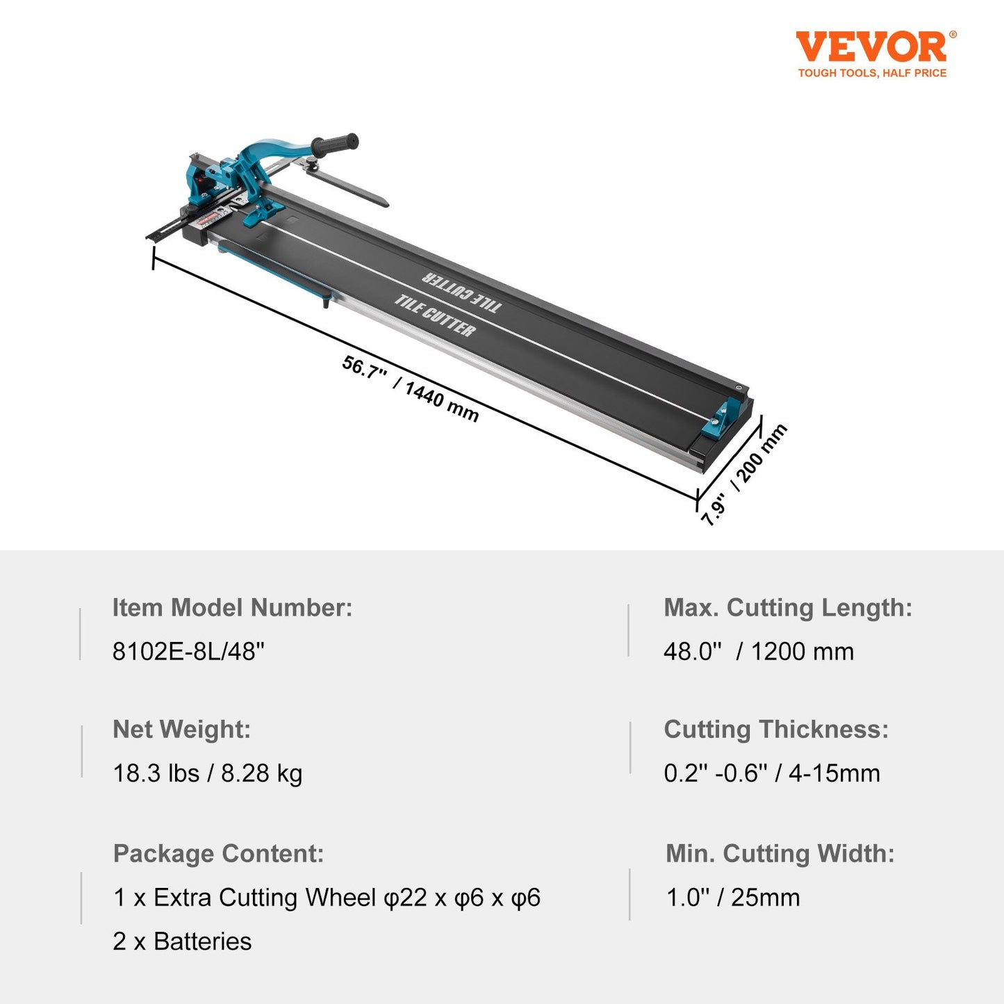 Manual Tile Cutter, 48 inch, Porcelain Ceramic Tile Cutter with Tungsten Carbide Cutting Wheel, Infrared Positioning, Anti-Skid Feet, Durable Rails for professional installers or beginners