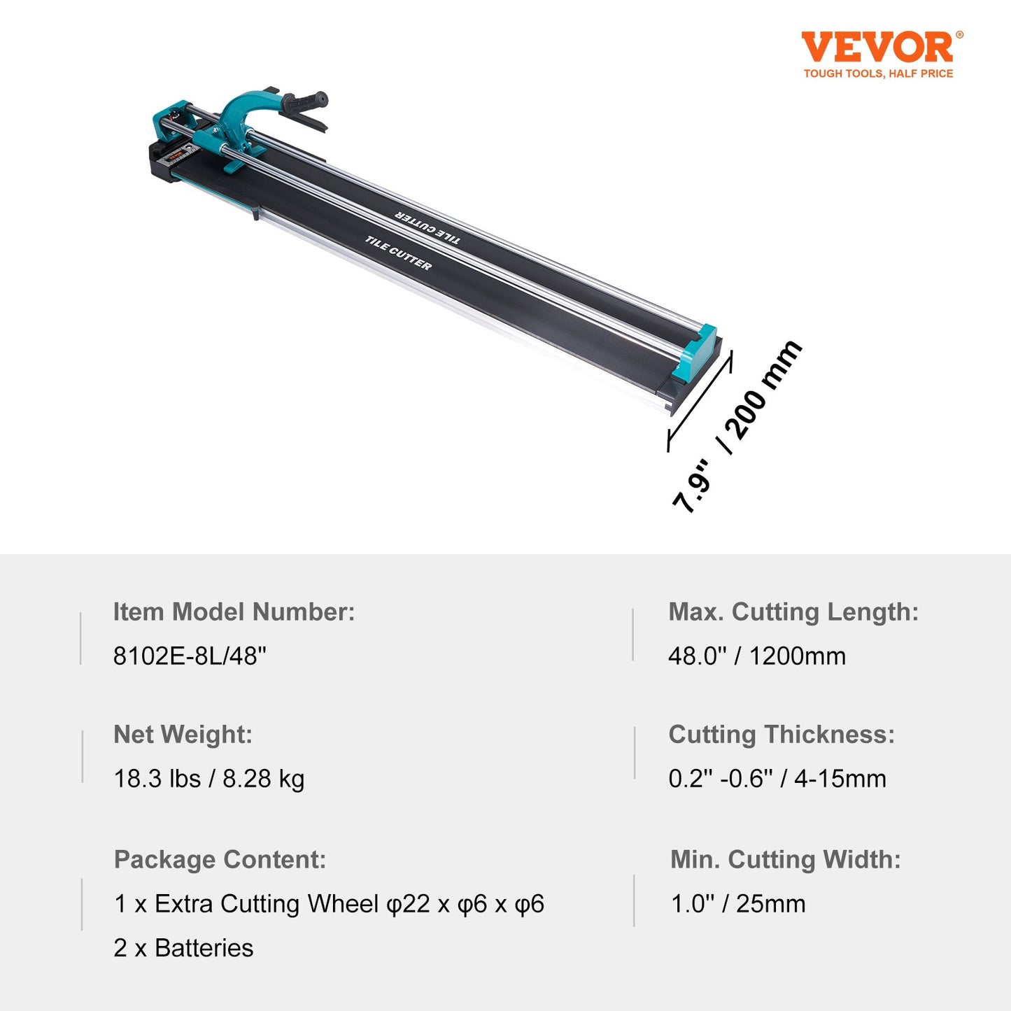 Manual Tile Cutter, 48 inch, Porcelain Ceramic Tile Cutter with Tungsten Carbide Cutting Wheel, Infrared Positioning, Anti-Skid Feet, Double Rails for professional installers or beginners