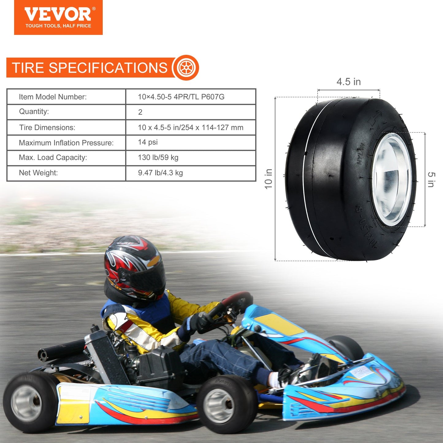 Go Kart Tires and Rims, 10x4.5-5" Go Kart Wheels, 2-Pack Front Wheels, Aluminum Alloy Rims and Rubber Tires, Hub-Rim Fit Bolt Pattern 1.57 inch with 3 Bolt Holes, Replacement Pneumatic Tire