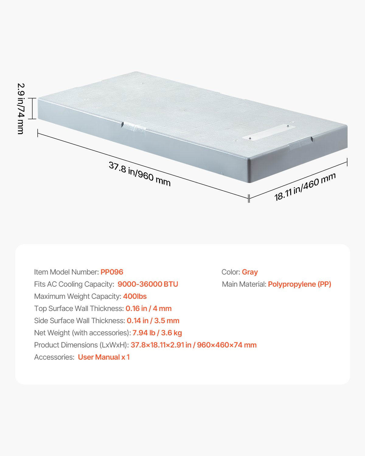Mini Split Pad, for 9000-36000BTU Ductless Air Conditioner Heat Pump Systems, 38 x 18 x 3 inch Plastic Outdoor Condenser Equipment Anti-Vibration Pads for Heat Pump System, Max Load 400 lbs