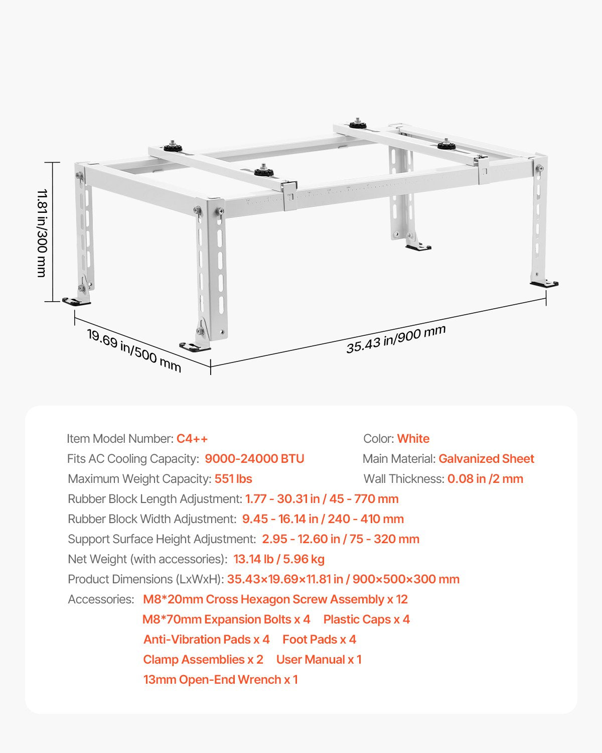 Mini Split Ground Stand, Adjustable Anti-Vibration Mini Split Stand for 9000-24000 BTU Ductless Air Conditioner Heat Pump, Heavy Duty AC Base Bracket Floor Mount w/ 551LBS Max. Load Capacity