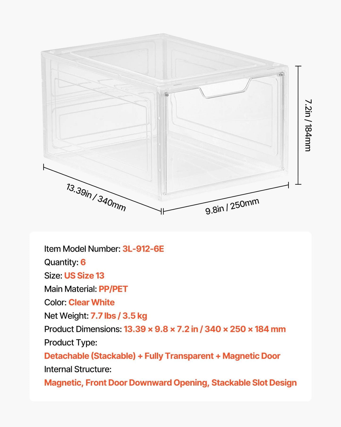 Shoe Storage Boxes, 6 Pack Clear Stackable Shoe Boxes Storage Organizers with Magnetic Door, Fit up to US Size 13, Plastic Sneaker Containers for High Heels, Boots, and Hats, Transparent White