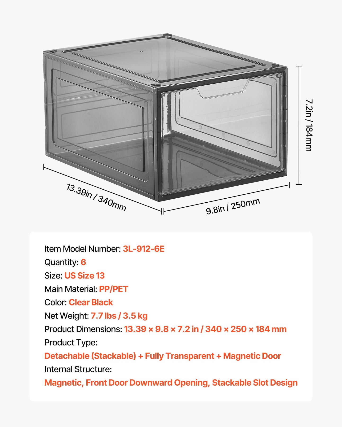 Shoe Storage Boxes, 6 Pack Clear Stackable Shoe Boxes Storage Organizers with Magnetic Door, Fit up to US Size 13, Plastic Sneaker Containers for High Heels, Boots, and Hats, Transparent Black