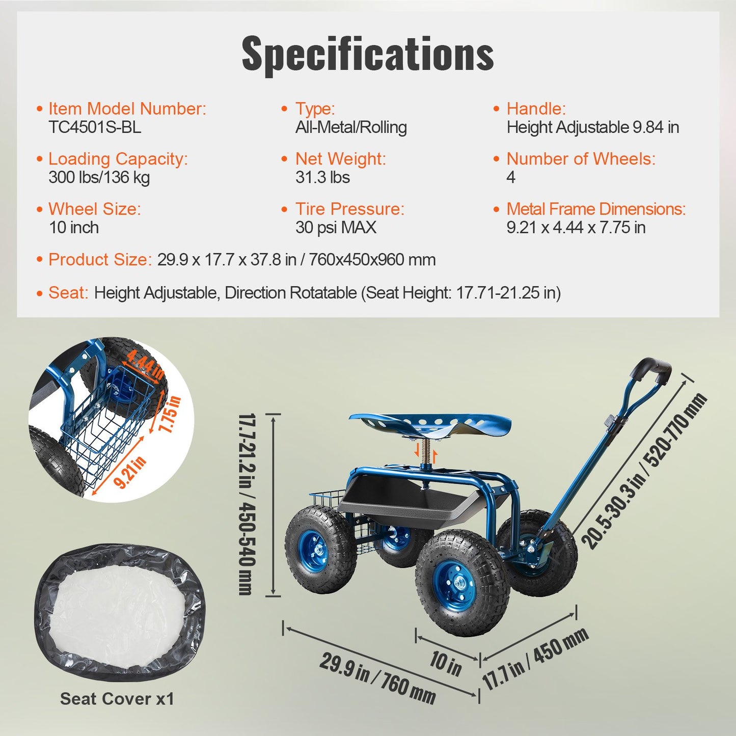 Garden Cart Rolling Workseat with Wheels, Gardening Stool for Planting, 360 Degree Swivel Seat, Wagon Scooter with Steering Handle & Utility Tool Tray, Use for Patio, Yard, and Outdoors, Blue