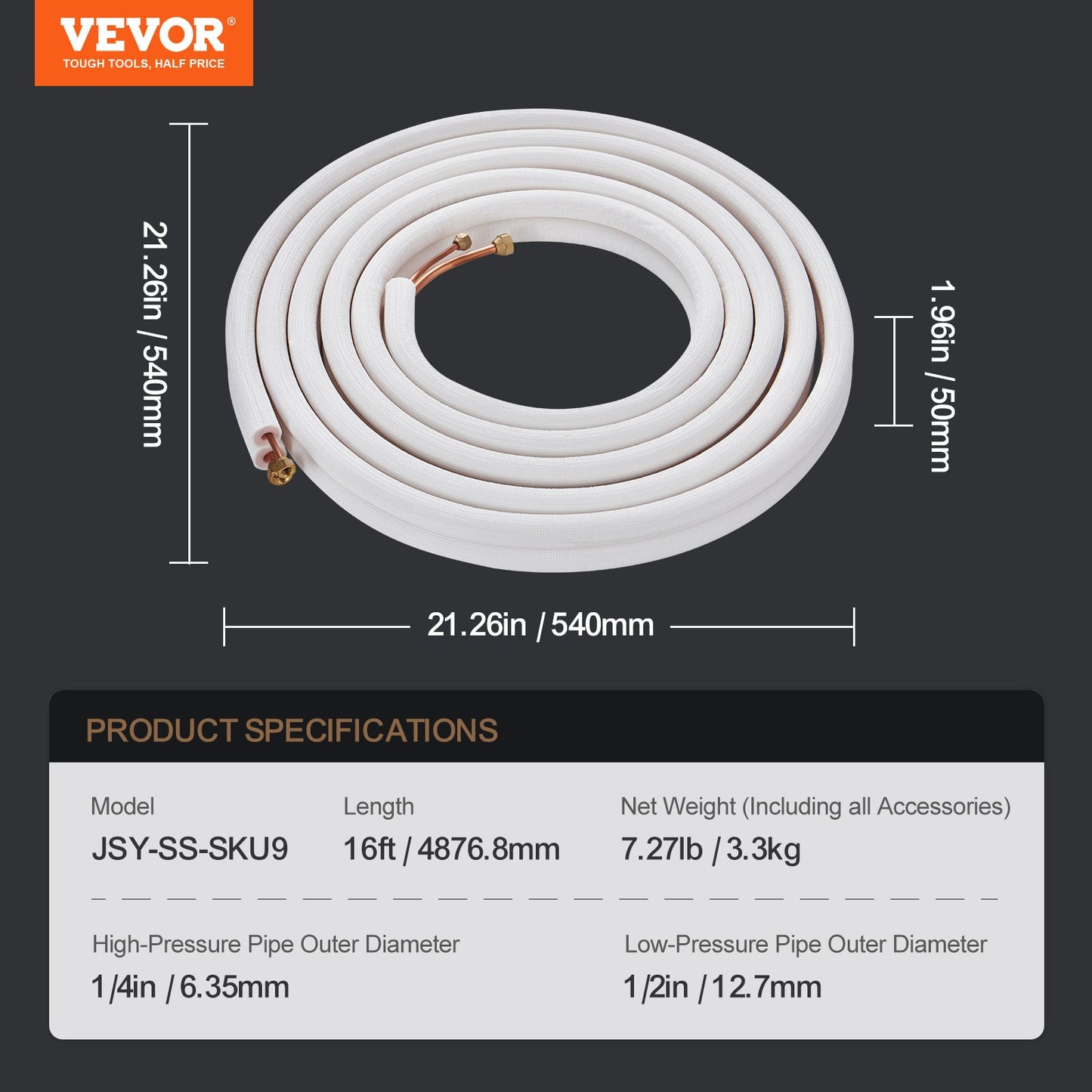 16FT Mini Split Line Set, 1/4" & 1/2" O.D Copper Pipes Tubing and Triple-Layer Insulation, for Air Conditioning or Heating Pump Equipment & HVAC with Rich Accessories (18ft Connection Cable)