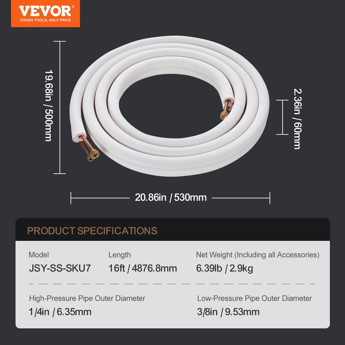 16FT Mini Split Line Set, 1/4" & 3/8" O.D Copper Pipes Tubing and Triple-Layer Insulation, for Air Conditioning or Heating Pump Equipment & HVAC with Rich Accessories (18ft Connection Cable)