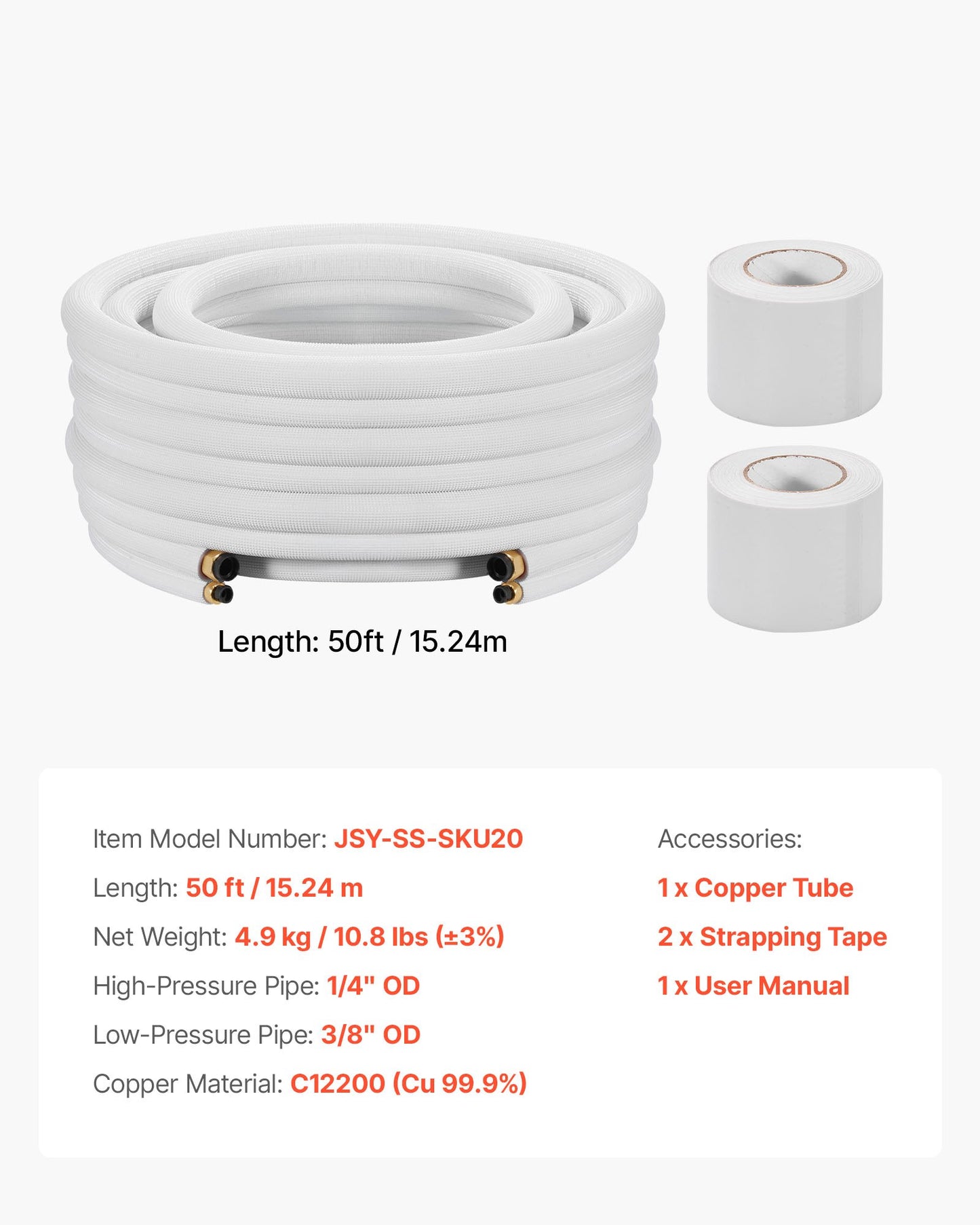 50ft Mini Split Line Set, 1/4” & 3/8” OD AC Copper Tubing Pipe, 3/8 White PE Thickened Insulated Coil with Flared Nuts, Strapping Tapes, for Mini Split Air Conditioner HVAC or Heat Pump System