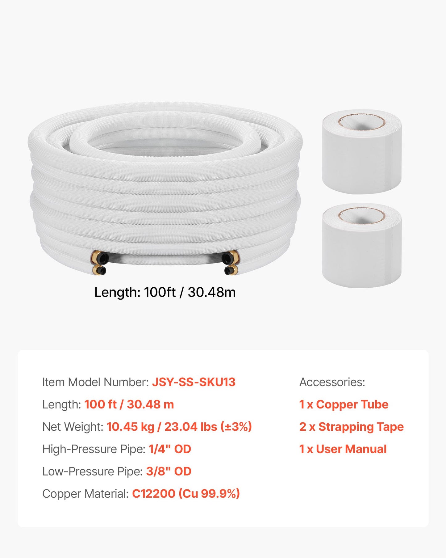 100ft Mini Split Line Set, 1/4” & 3/8” OD AC Copper Tubing Pipe, 3/8 White PE Thickened Insulated Coil with Flared Nuts, Strapping Tapes, for Mini Split Air Conditioner HVAC or Heat Pump System