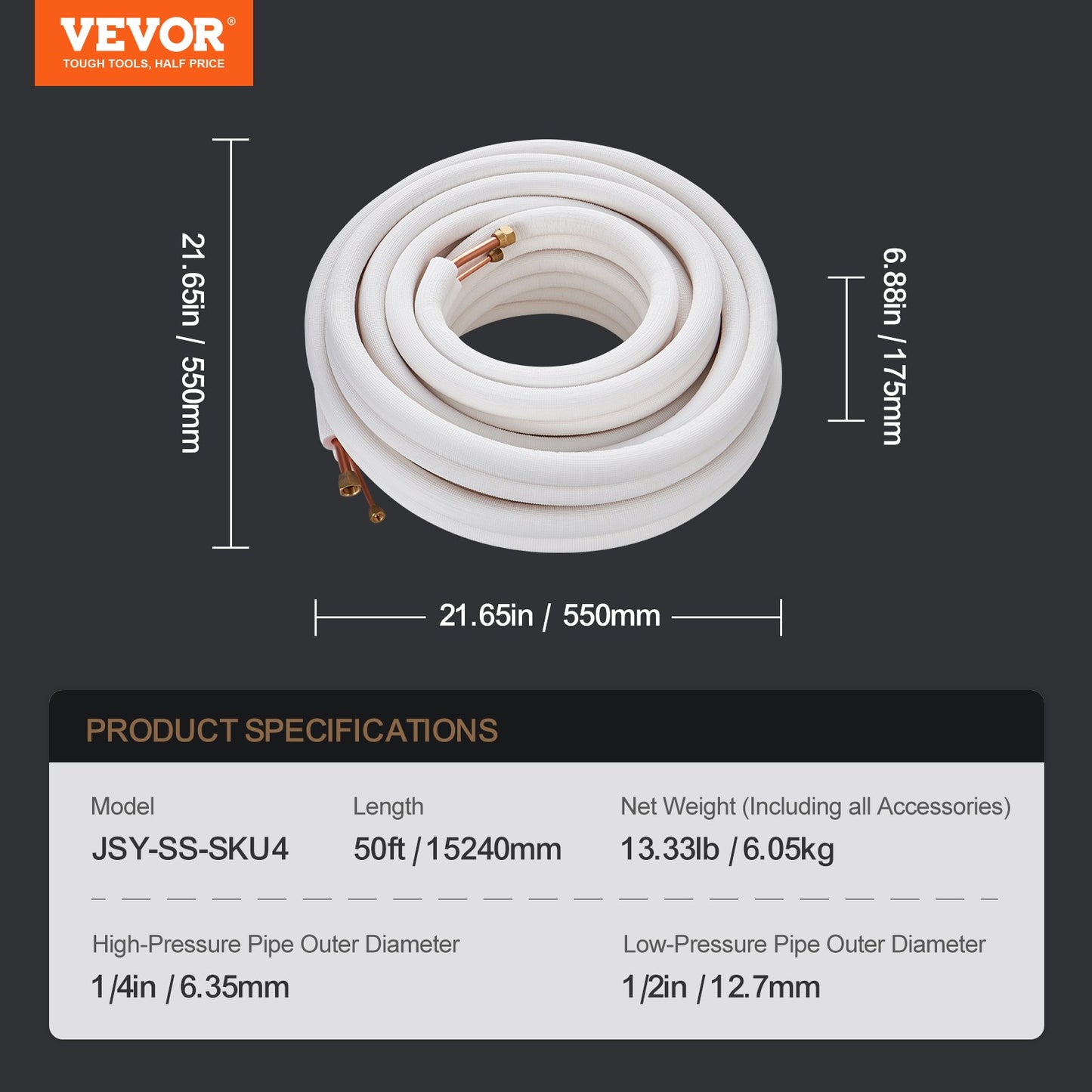 50FT Mini Split Line Set, 1/4" & 1/2" O.D Copper Pipes Tubing and Triple-Layer Insulation, for Mini Split Air Conditioning Refrigerant or Heating Pump Equipment & HVAC with Wrapping Strips.