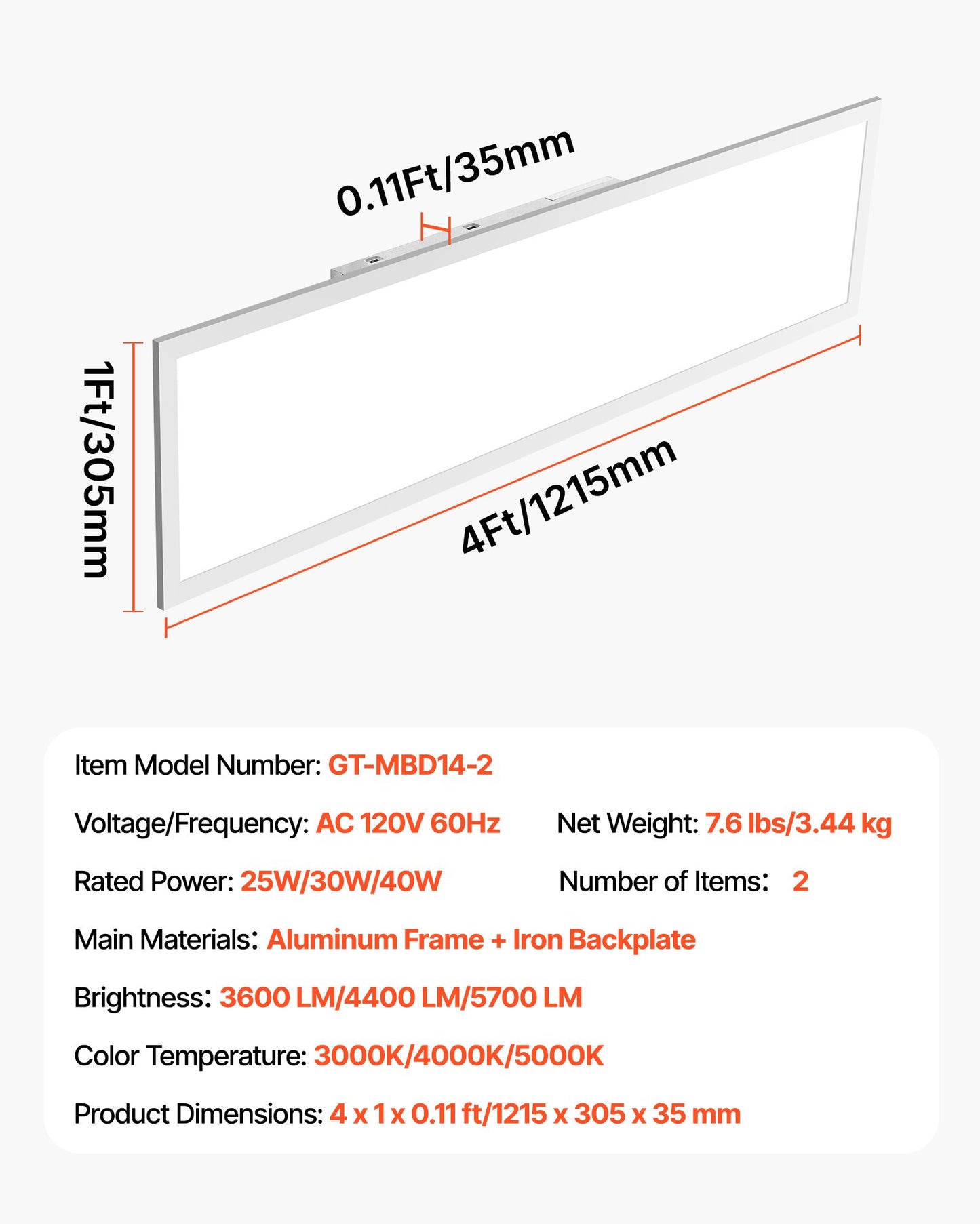 1x4 FT LED Flat Panel Light, 5700 LM, Flush Mount LED Drop Ceiling Lighting Fixture with 3 Color Selectable 3000K/4000K/5000K, 25W/30W/40W, 0-10V Dimmable, Ultra Slim for Home Kitchen, 2 Pack