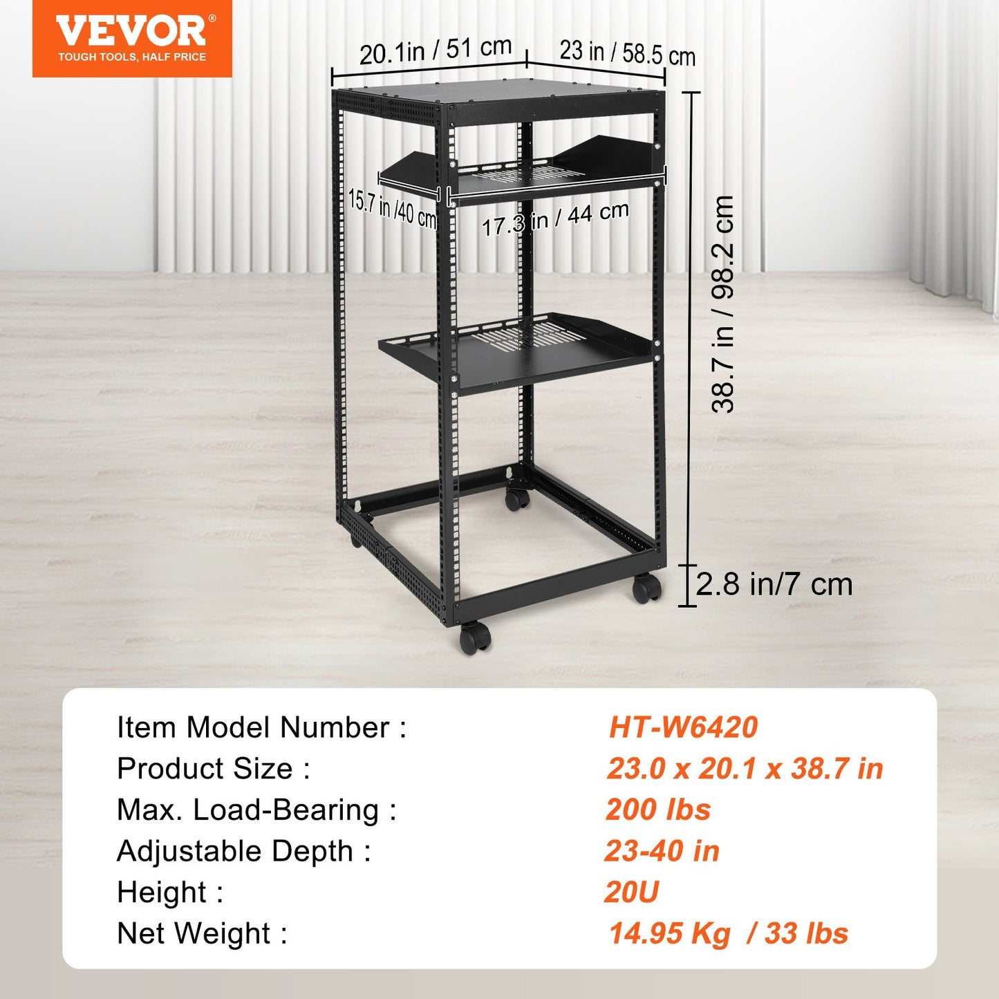 20U Open Frame Server Rack, 23-40 in Adjustable Depth, Free Standing or Wall Mount Network Server Rack, 4 Post AV Rack with Casters, Holds All Your Networking IT Equipment AV Gear Router Modem
