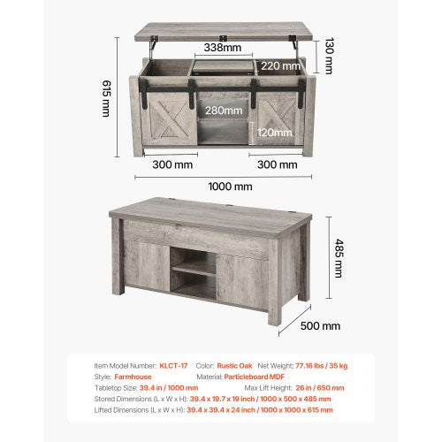 1000 mm lyftbart soffbord i lantlig stil, rustikt mittbord med ladugårdsdörr och dolt förvaringsfack, modern rektangulär lyftbar bordsskiva för vardagsrum, kontor, hem, enkel montering, ek | EU