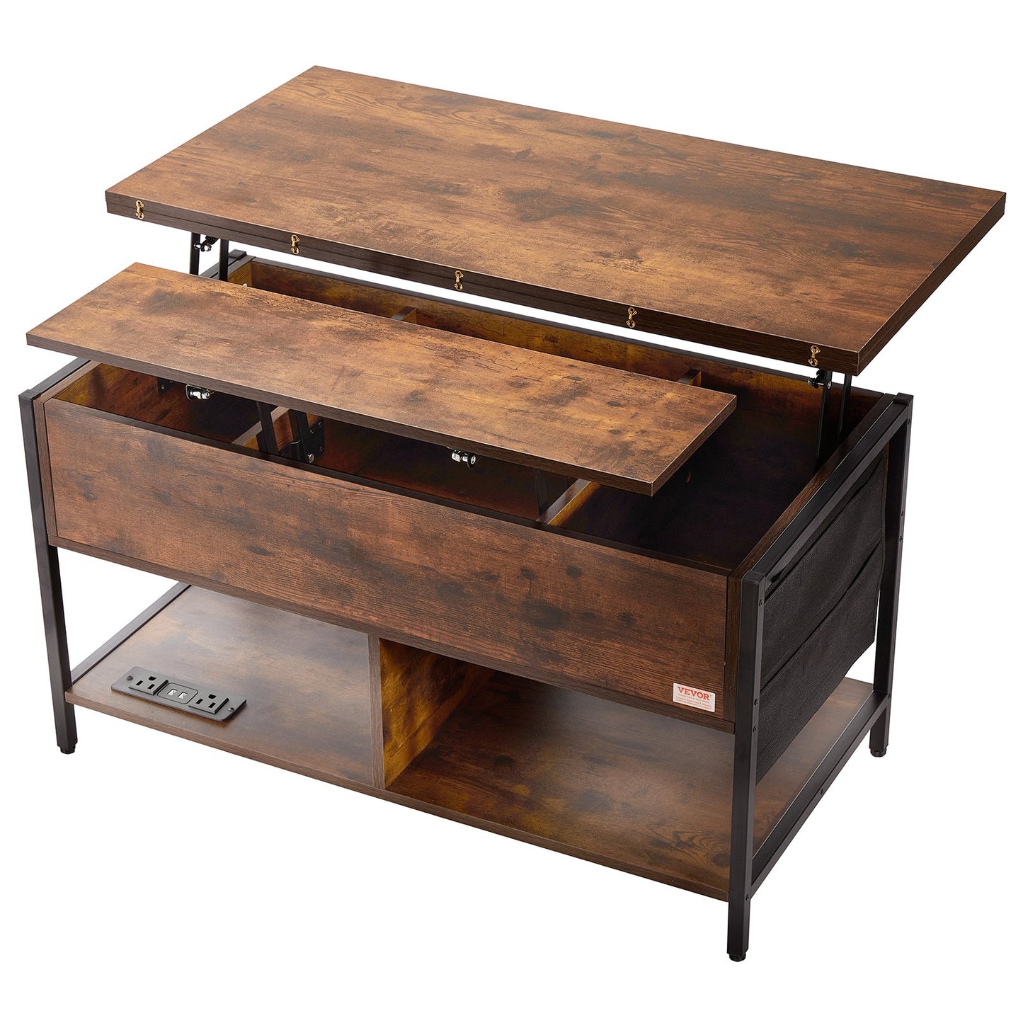 Lift Top Couchtisch 39,4" Rechteckiger Couchtisch mit Licht & USB Braun