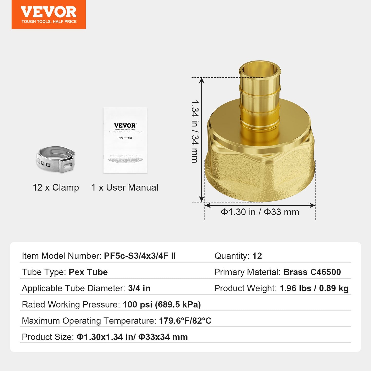 Pipe Fittings, 3/4" 12PCS Brass Pipe Fittings, Clamp-style 3/4 NPT Pipe Connector Brass Air Fittings, Heavy Duty Plumbing Fittings NPT Adapter for Heating/Shower Systems, Water Pipes