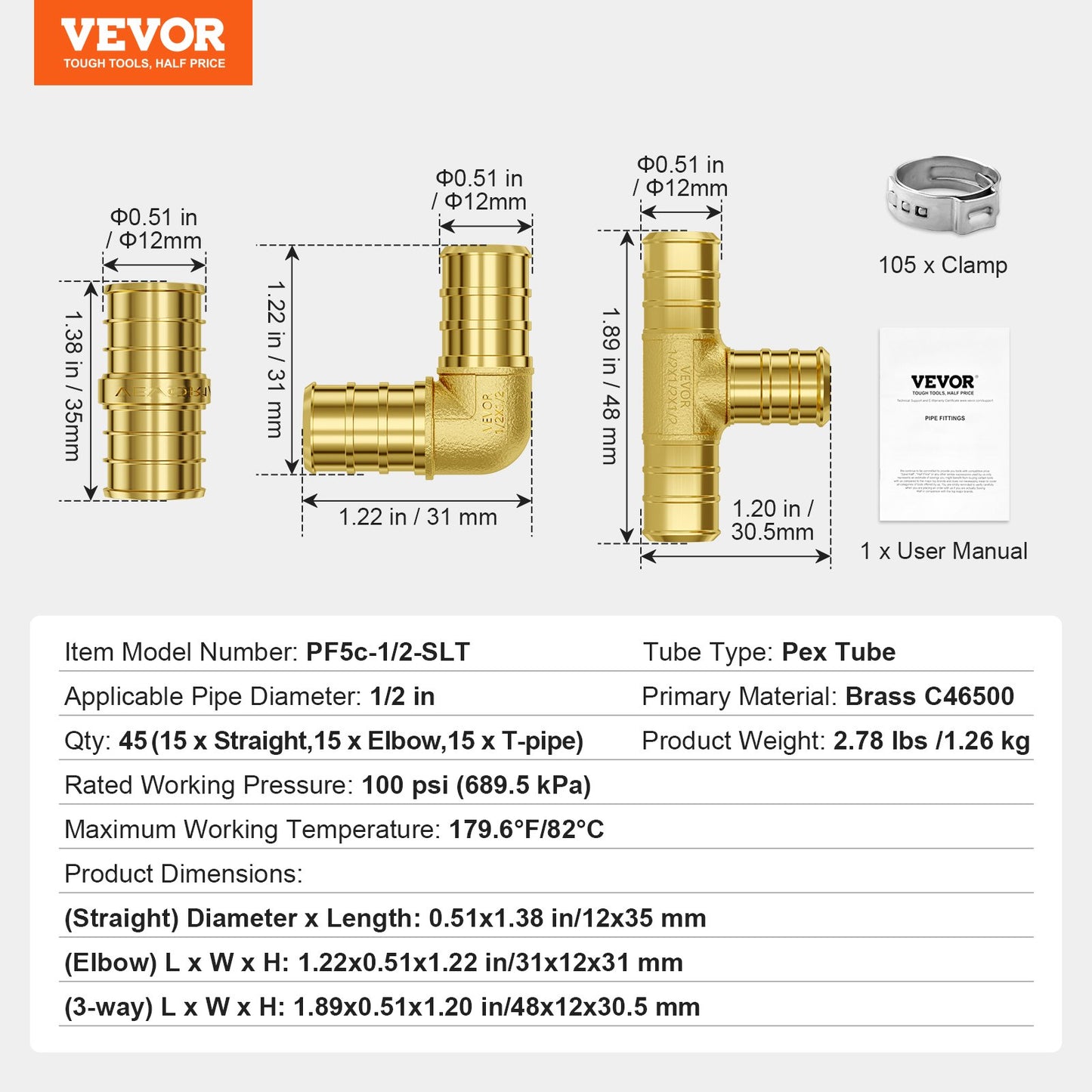 Pipe Fittings, 1/2" 45PCS (15xStraight, 15xElbows, 15xTees) Brass Pipe Fittings, Push-Fit Pipe Connector Brass Air Fittings, Plumbing Fittings Adapter for Heating/Shower Systems, Water Pipes
