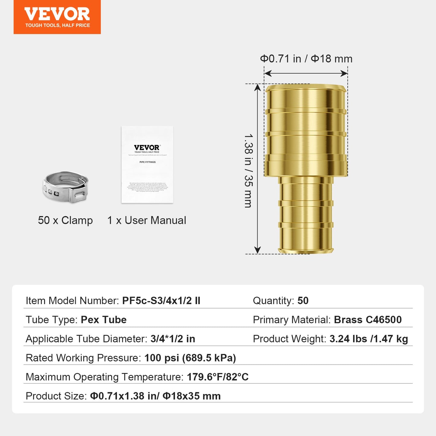 Pipe Fittings, 1/2"-3/4" 50PCS Brass Pipe Fittings, Clamp-style 1/2 NPT Internal Thread Pipe Connector Brass Air Fittings, Heavy Duty Plumbing Fittings NPT Adapter for Heating/Shower Systems, Water Pipes