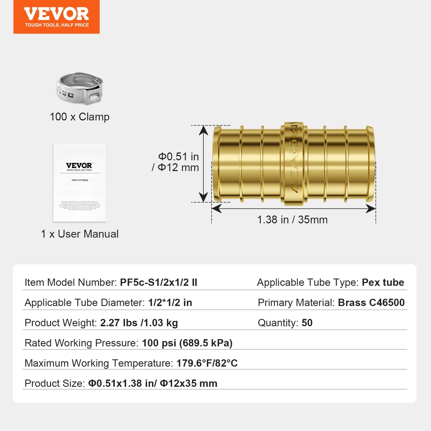 Pipe Fittings, 1/2" 50PCS Brass Pipe Fittings, Clamp-style Straight-Through Pipe Connector Brass Air Fittings, Heavy Duty Plumbing Fittings Tube Adapter for Heating/Shower Systems,Water Pipes