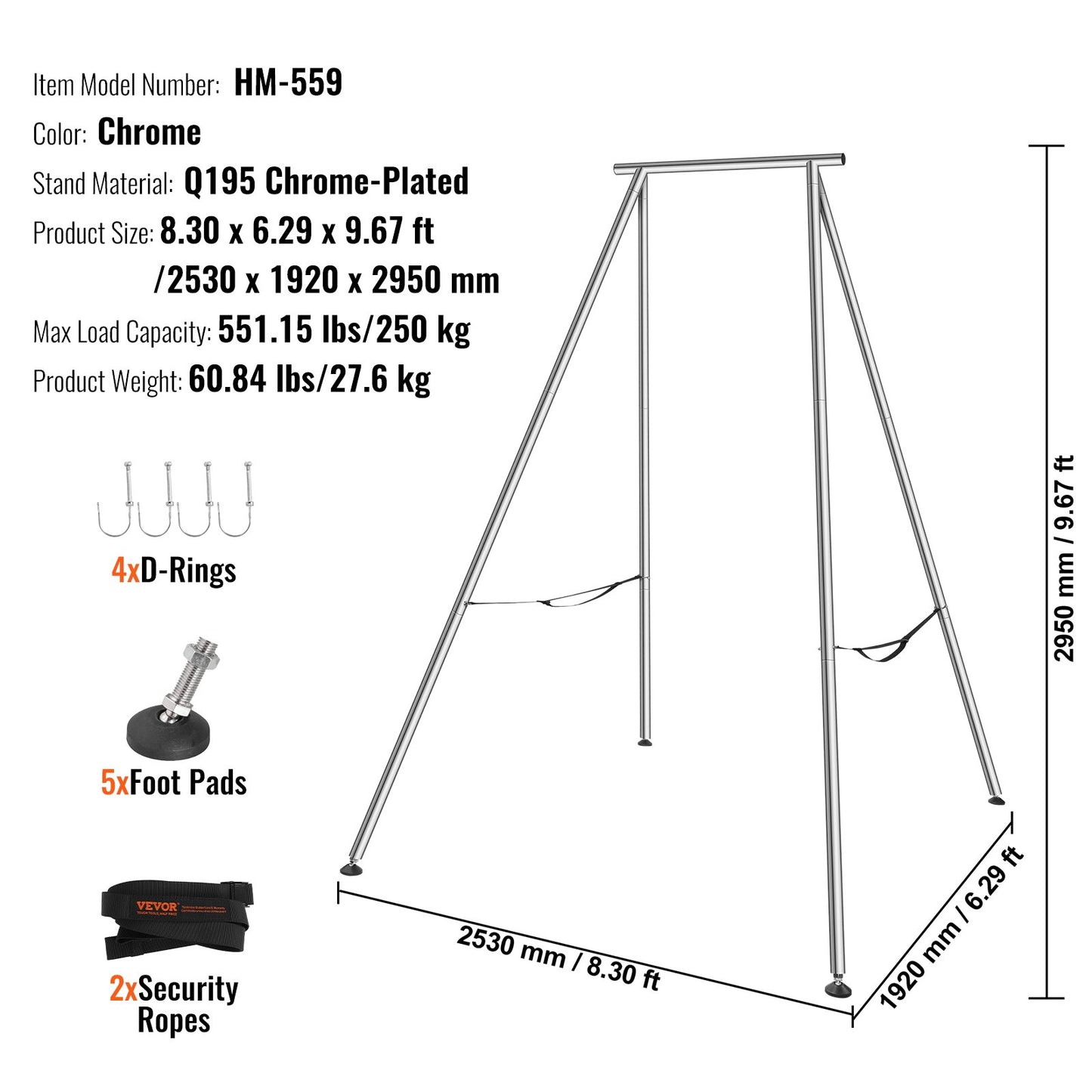 Aerial Yoga Frame, 9.67 ft Height Yoga Swing Stand, Max 551.15 lbs Load Chrome-Plated Steel Pipe Inversion Yoga Swing Stand Yoga Rig Yoga Sling Inversion Equipment for Indoor Outdoor Aerial Yoga