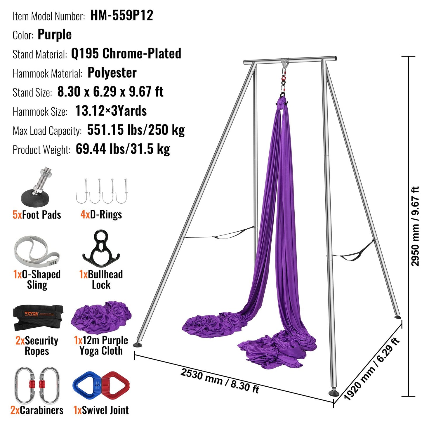 Aerial Yoga Frame & Yoga Hammock, 9.67 ft Height Professional Yoga Swing Stand Comes with 13.1 Yards Aerial Hammock, Max 551.15 lbs Load Capacity Yoga Rig for Indoor Outdoor Aerial Yoga, Purple