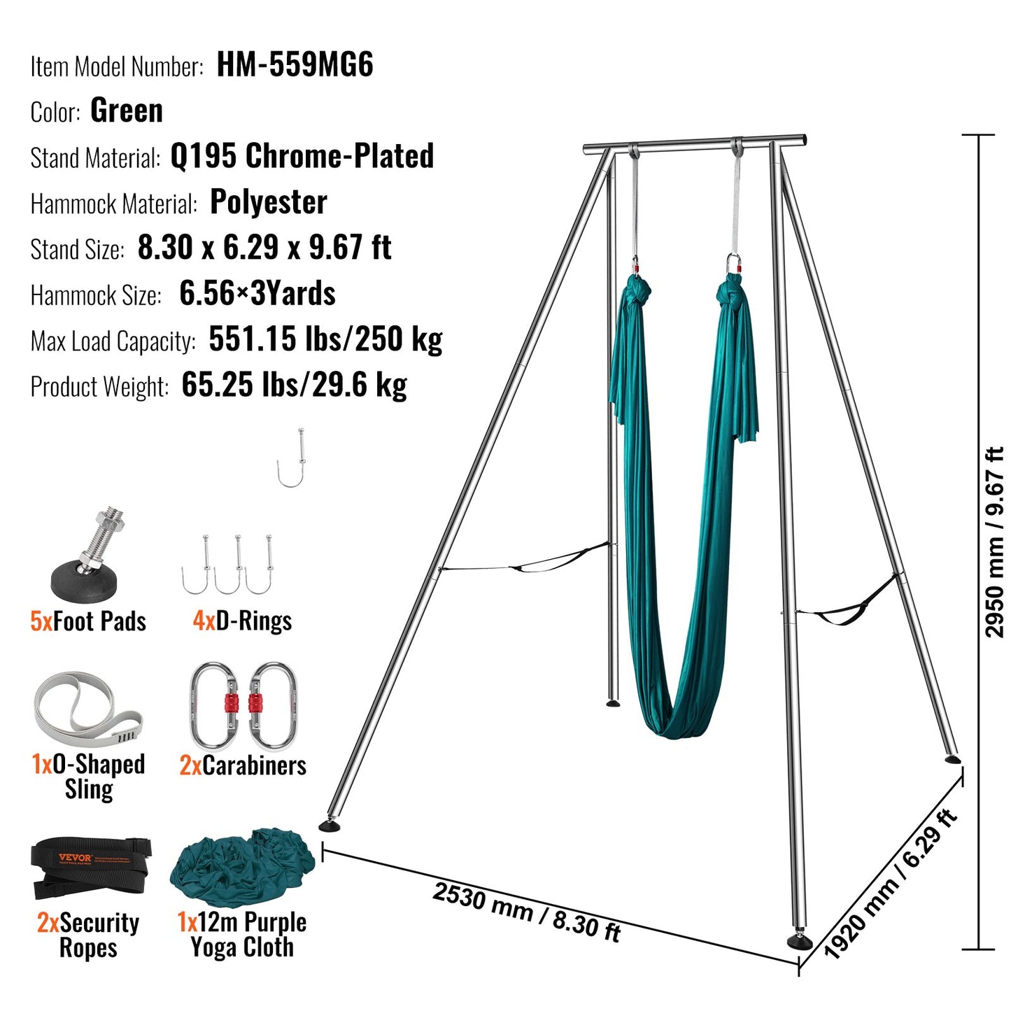 Aerial Yoga Frame & Yoga Hammock, 9.67 ft Height Professional Yoga Swing Stand Comes with 6.6 Yards Aerial Hammock, Max 551.15 lbs Load Capacity Yoga Rig for Indoor Outdoor Aerial Yoga, Green