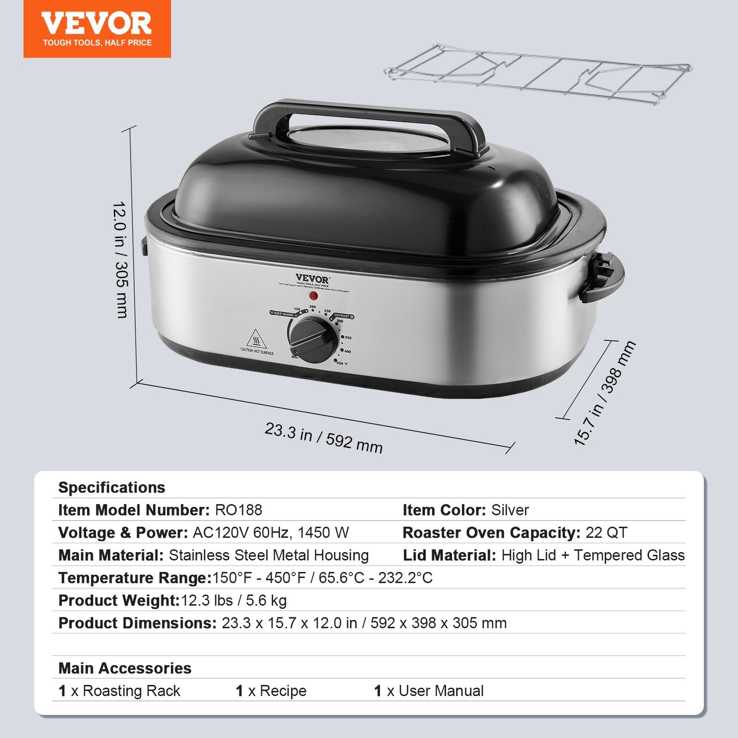 Electric Roaster Oven, 22 QT Turkey Roaster Oven with Self-Basting Lid, 1450W Roaster Oven with Defrost & Warm Function, Adjustable Temp, Removable Pan & Rack, Fits Turkeys Up to 26LBS, Silver