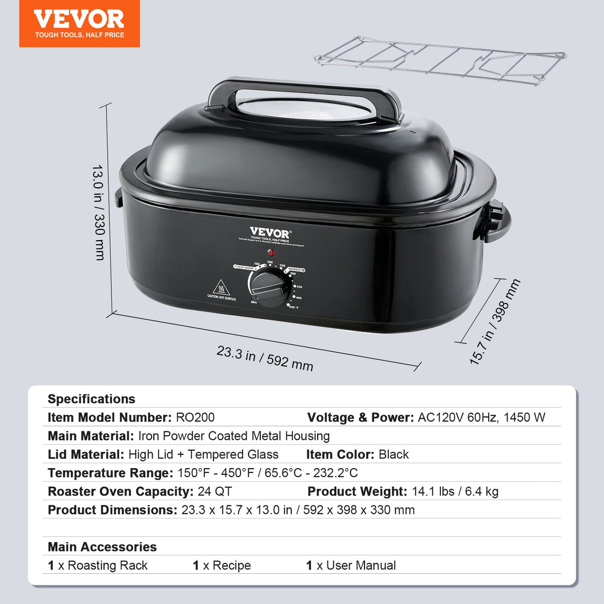 Electric Roaster Oven, 24 QT Turkey Roaster Oven with Self-Basting Lid, 1450W Roaster Oven with Defrost & Warm Function, Adjustable Temp, Removable Pan & Rack, Fits Turkeys Up to 28LBS, Black