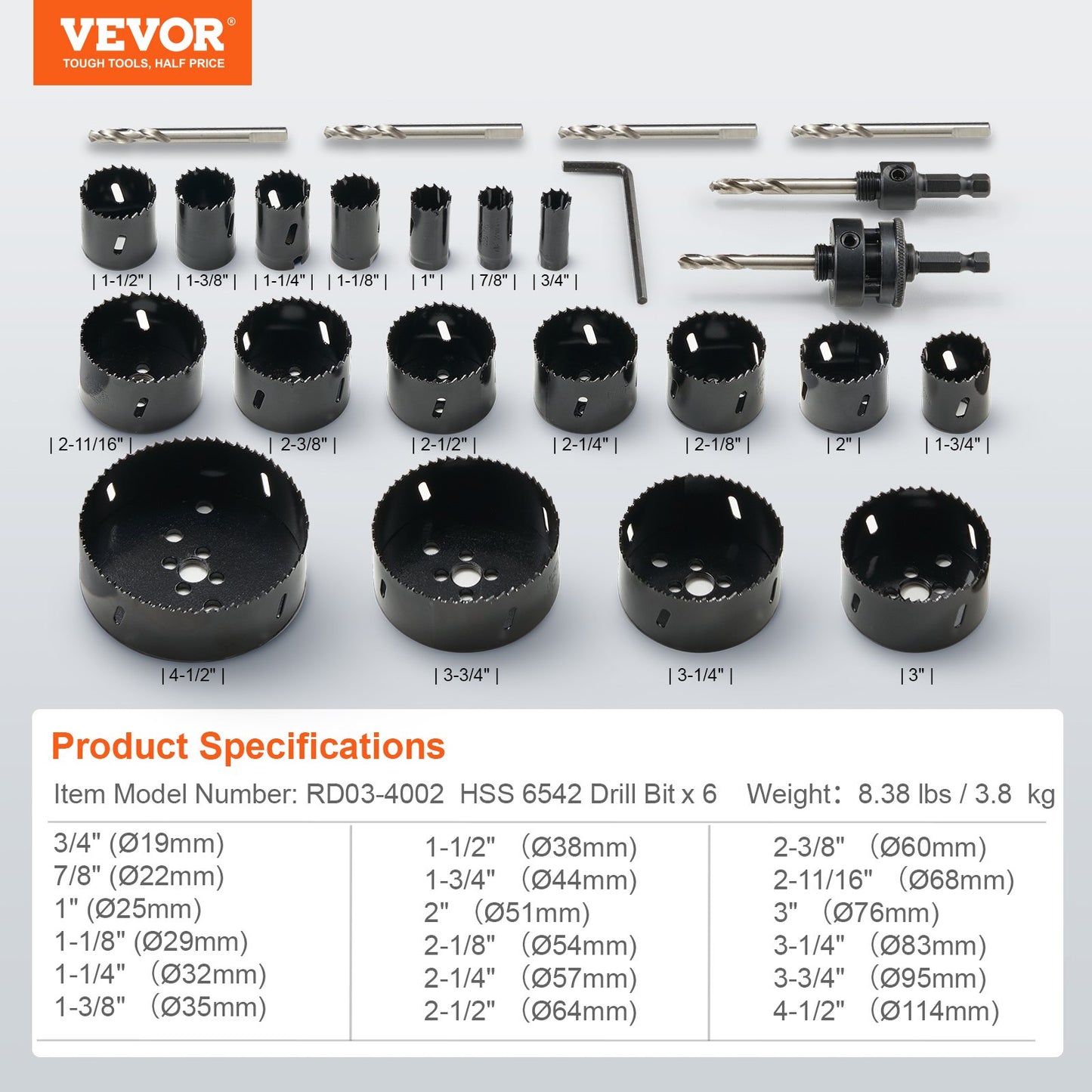 Hole Saw Kit, 18 PCS Saw Blades, 6 Drill Bits, 1 Hex Wrench, General Purpose Size from 3/4" to 4-1/2", Bi Metal M42 Hole Saw Set with Carrying Case, Ideal for Wood Board, Plastic and Iron Plate